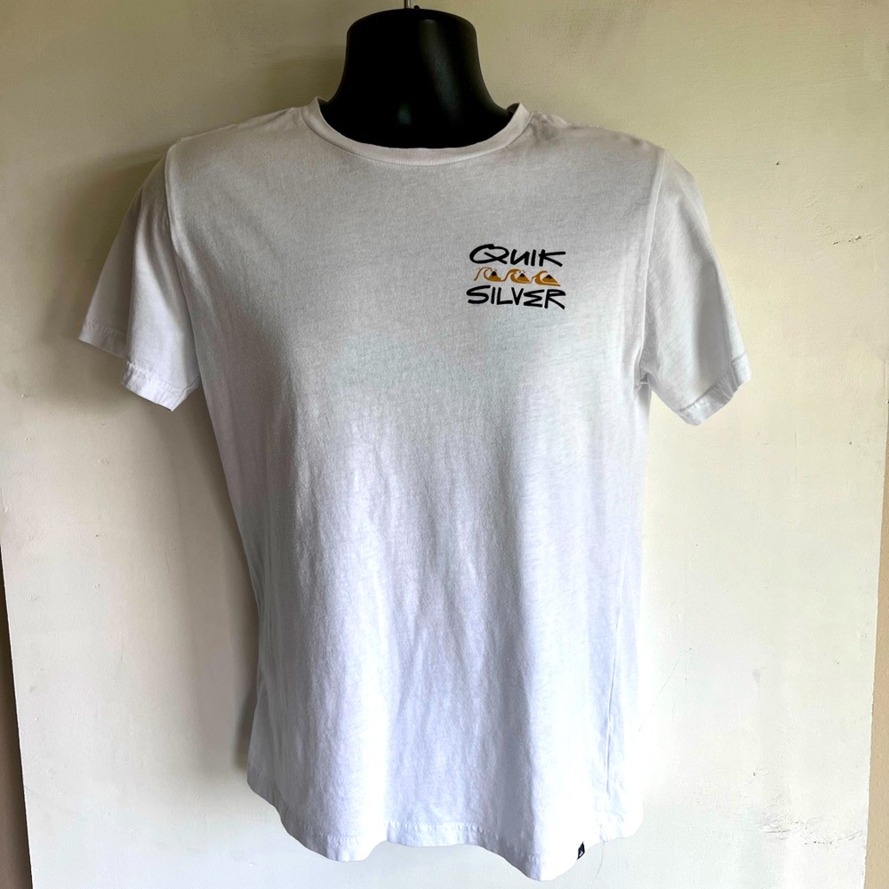 Quiksilver White Short Sleeve Tee Classic Crew Neck front and back logo design